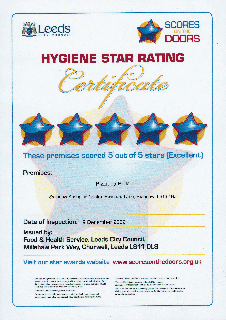 Hygiene 5 Star Rating Certificate